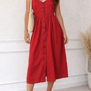 Japna Red Button Front Midi Dress – 100% Cotton